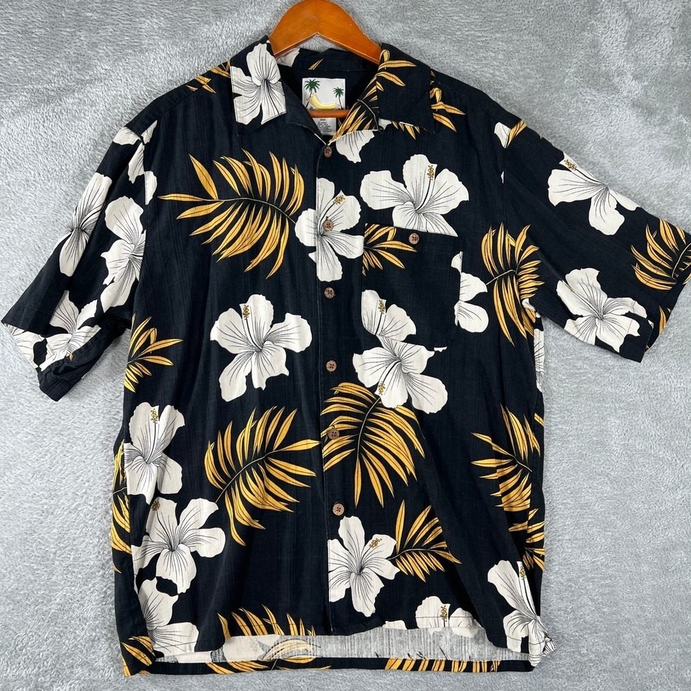 Banana Cabana Hawaiian Shirt Mens Large Black Silk Hibiscus Palm Leaf Aloha Camp